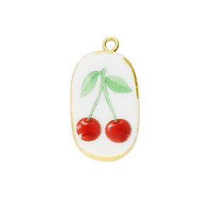 Ceramic charms oval with cherries Gold-White-Red-Green