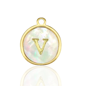 Stainless Steel Charms 12Mm Shell Initial V White Natural Colour Gold White Natural Colour Gold Approx 14X12Mm 15Mm