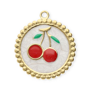 Stainless Steel Charms Round With Cherries Gold Pearl White Red Green Gold Pearl White Red Green Approx 21X185Mm 15Mm