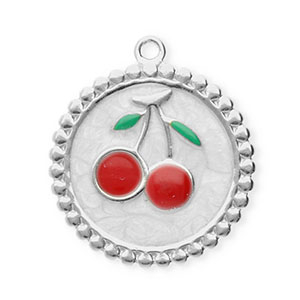 Stainless Steel Charms Round With Cherries Silver Pearl White Red Green Silver Pearl White Red Green Approx 21X185Mm 15Mm