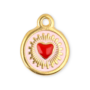 Stainless Steel Charms Round With Heart Gold Red Light Pink Gold Red Light Pink Approx 13X105Mm 14Mm