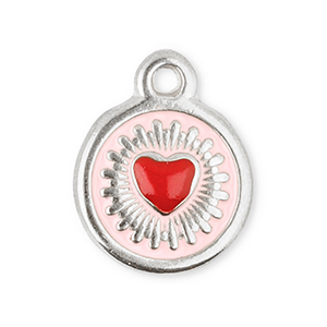 Stainless Steel Charms Round With Heart Silver Red Light Pink Silver Red Light Pink Approx 13X105Mm 14Mm