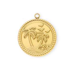 Stainless Steel Charms Round With Palmtree Gold Gold Approx 23X205Mm 18Mm